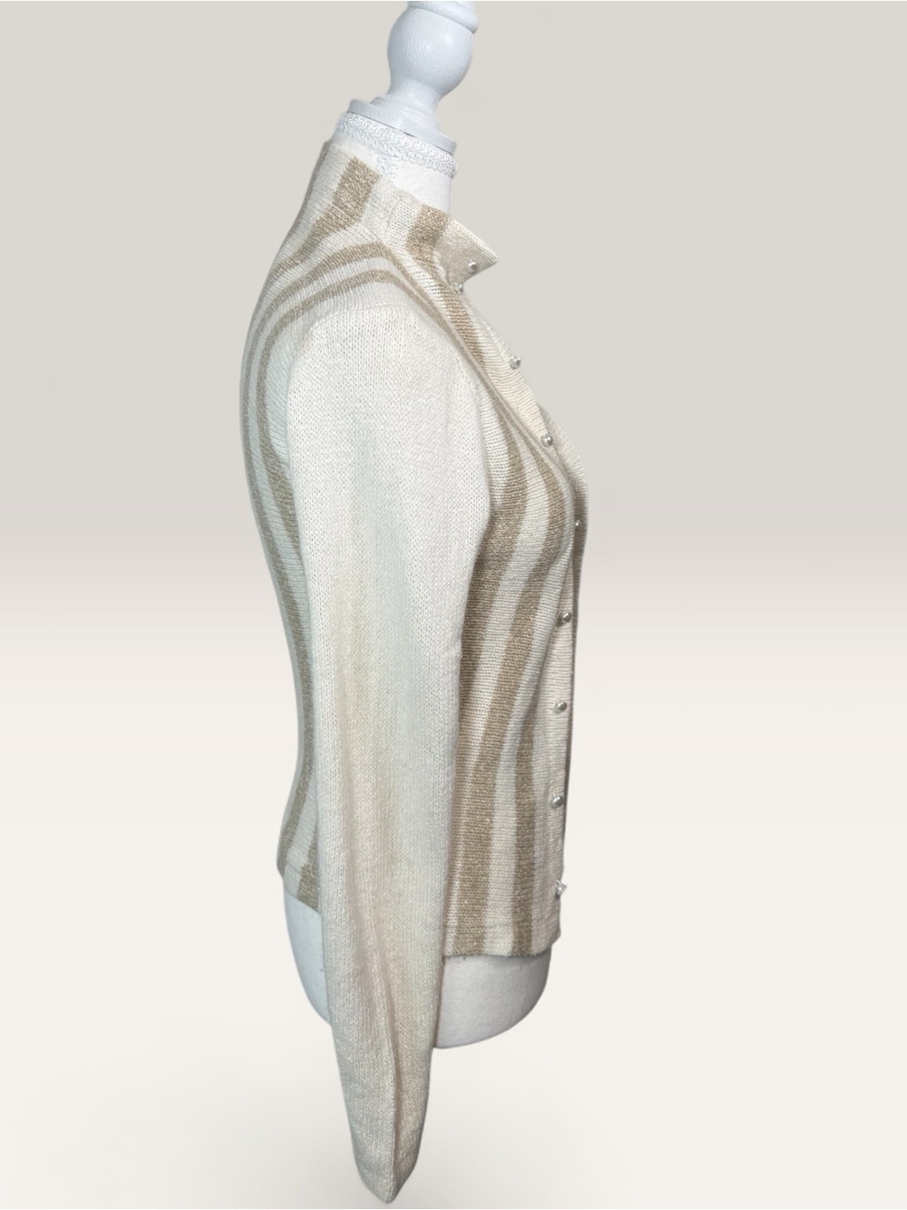 Vintage Funnel Neck Striped Button Up Cardigan Sweater Cream silk/angora - Picture 3 of 10